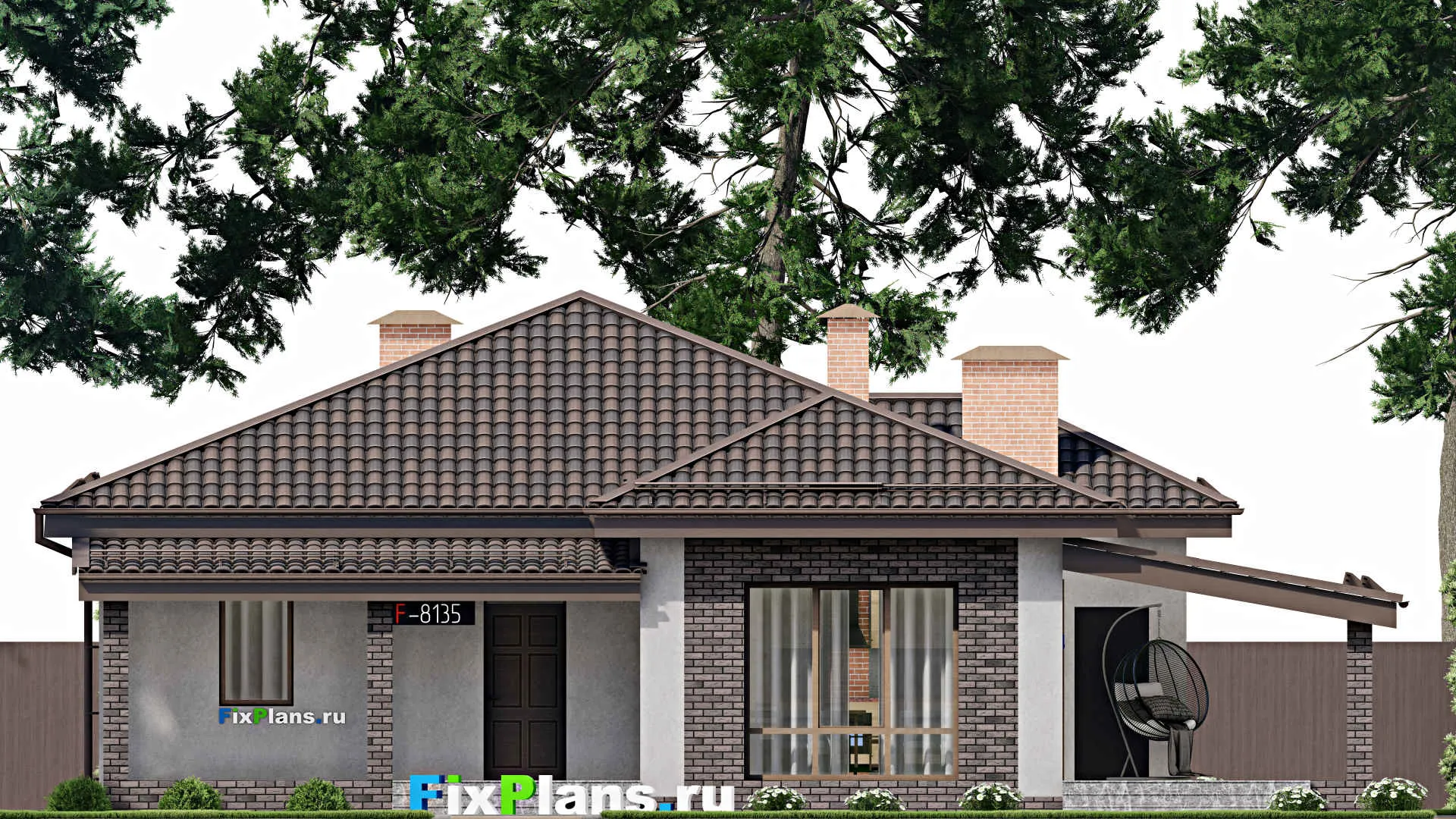 F-8135 - Проект одноэтажного дома 15 на 16, площадью 180 м² с террасой и 3 спальнями