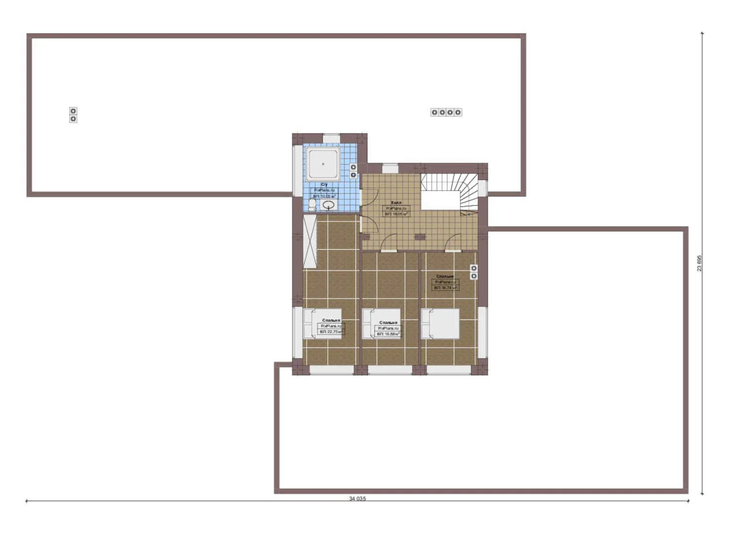 F-5327 - Планы двухэтажного дома 22 на 33, площадью 360 м² с террасой, баней, гаражом на 2 машины и 3 спальнями