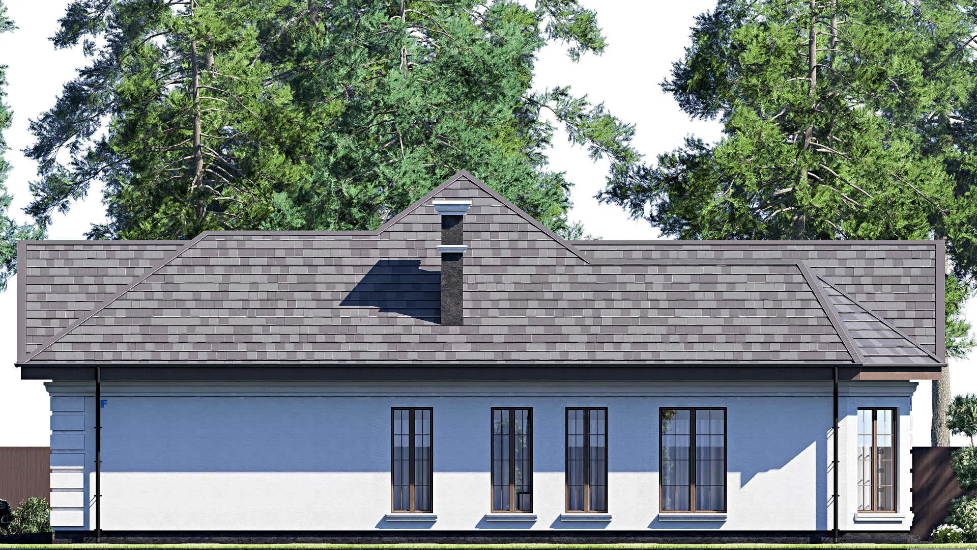 F-17558 - Проект одноэтажного дома 17 на 21, площадью 280 м² с террасой, гаражом на 2 машины и 3 спальнями