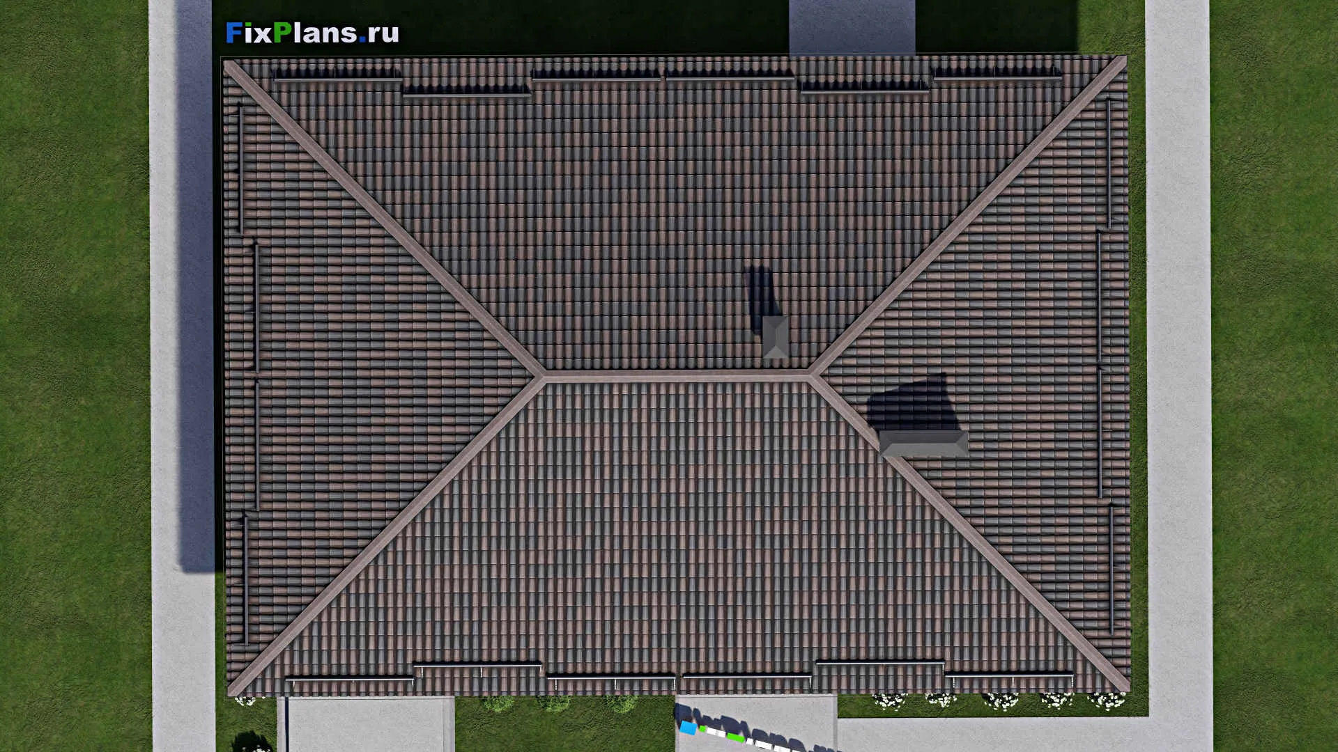 F-6947 - План одноэтажного дома 14 на 20, площадью 200 м² с террасой, гаражом на 2 машины и 3 спальнями