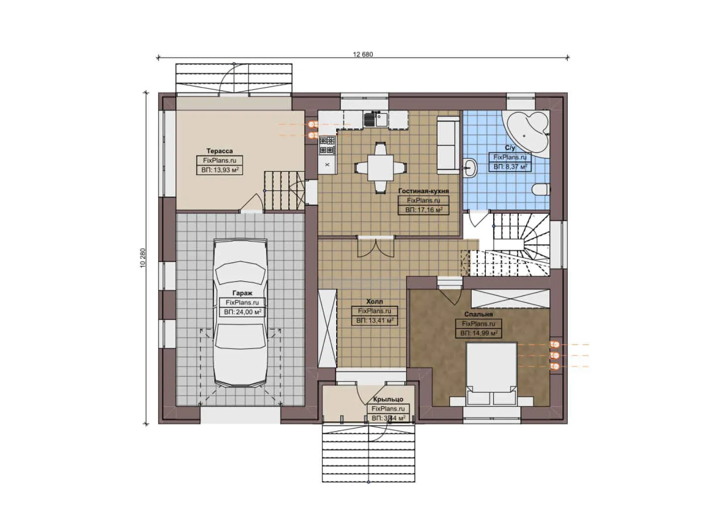 F-5705 - Планы двухэтажного дома 11 на 13, площадью 210 м² с террасой, балконом, цокольным этажом, гаражом на 1 машину и 4 спальнями