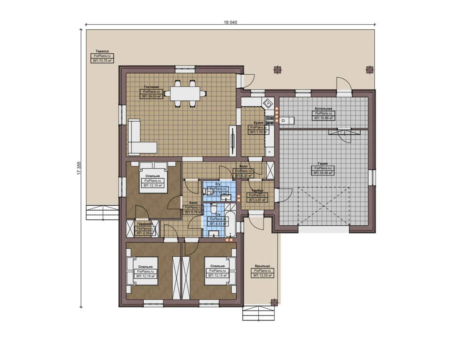 F-9665 - План одноэтажного дома 18 на 19, площадью 240 м² с террасой, гаражом на 1 машину и 3 спальнями
