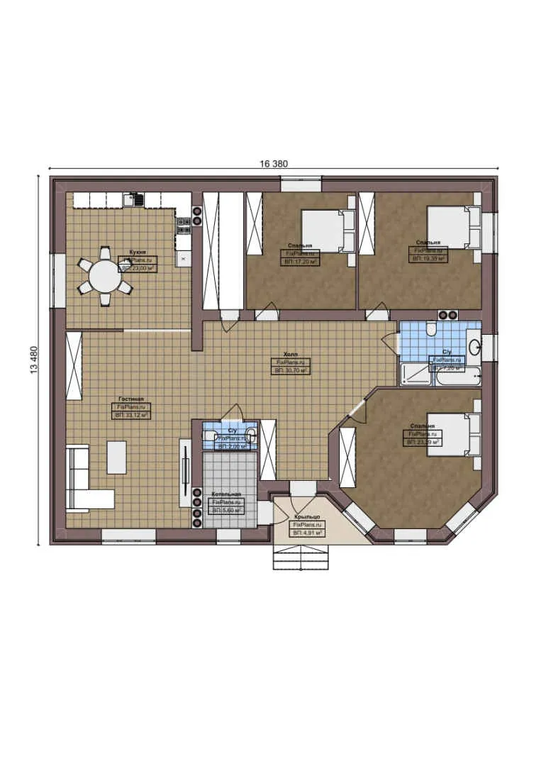 F-3248 - План одноэтажного дома 14 на 17, площадью 170 м² с 3 спальнями