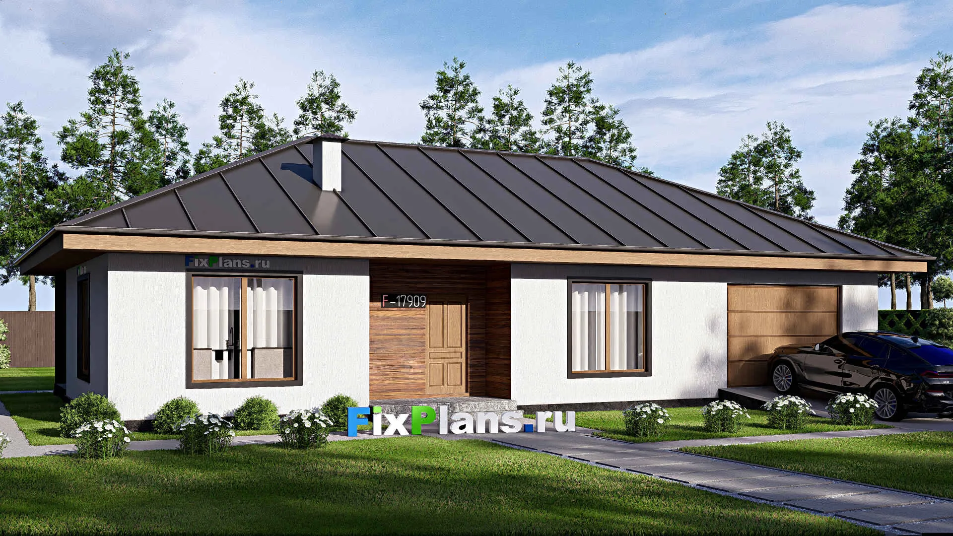 F-17909 - Проект одноэтажного дома 11 на 19, площадью 160 м² с террасой, гаражом на 2 машины и 3 спальнями