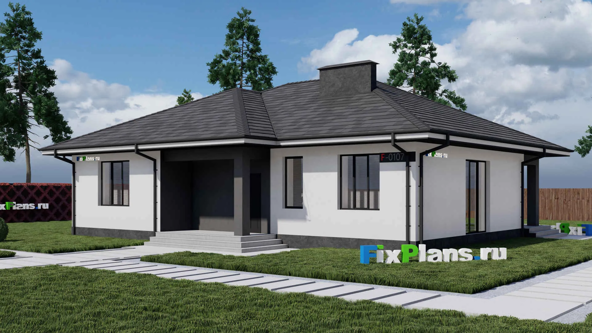 F-0107 - Проект одноэтажного дома 14 на 16, площадью 150 м² с террасой и 3 спальнями