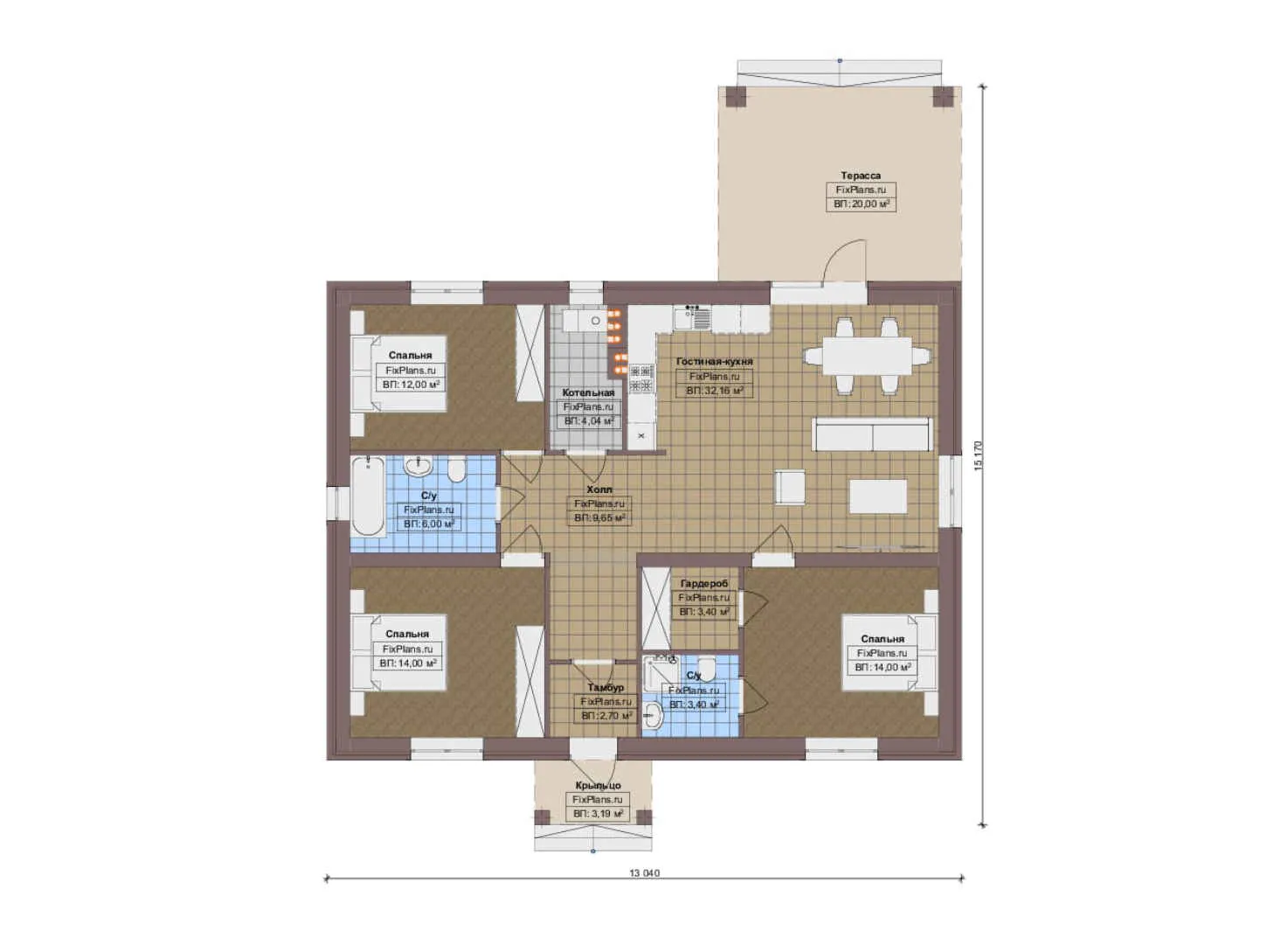 F-13994 - План одноэтажного дома 14 на 16, площадью 130 м² с террасой и 3 спальнями