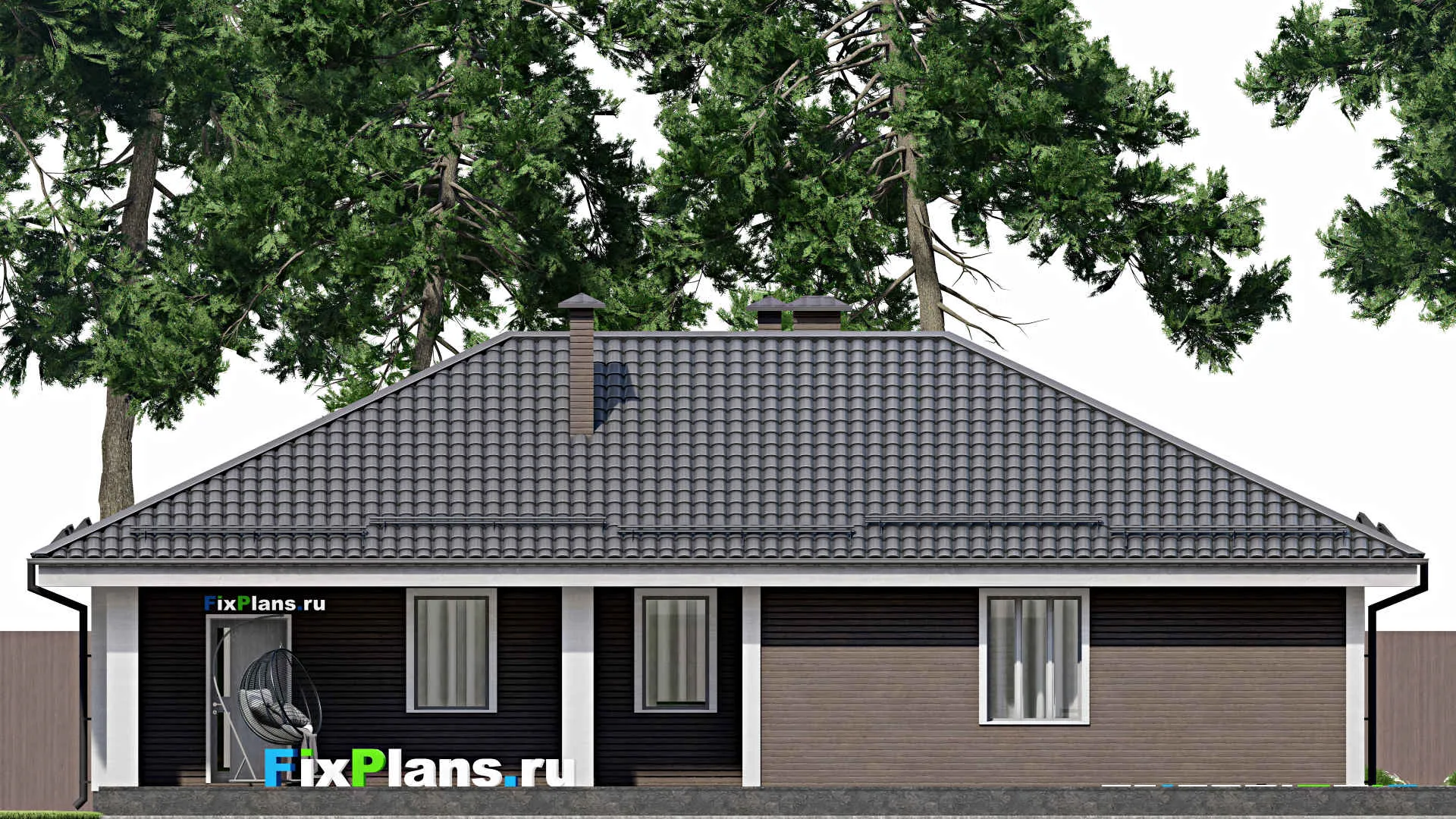 F-9665 - Проект одноэтажного дома 18 на 19, площадью 240 м² с террасой, гаражом на 1 машину и 3 спальнями