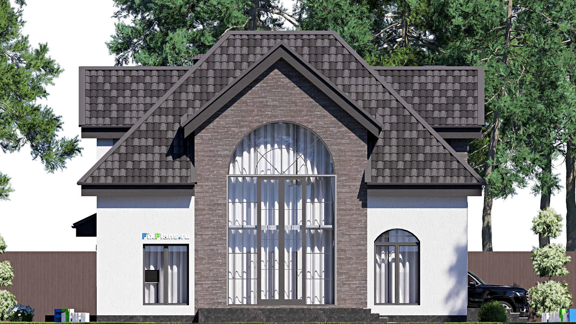 F-19106 - Проект дома с мансардой 14 на 19, площадью 190 м² с террасой, гаражом на 1 машину и 2 спальнями