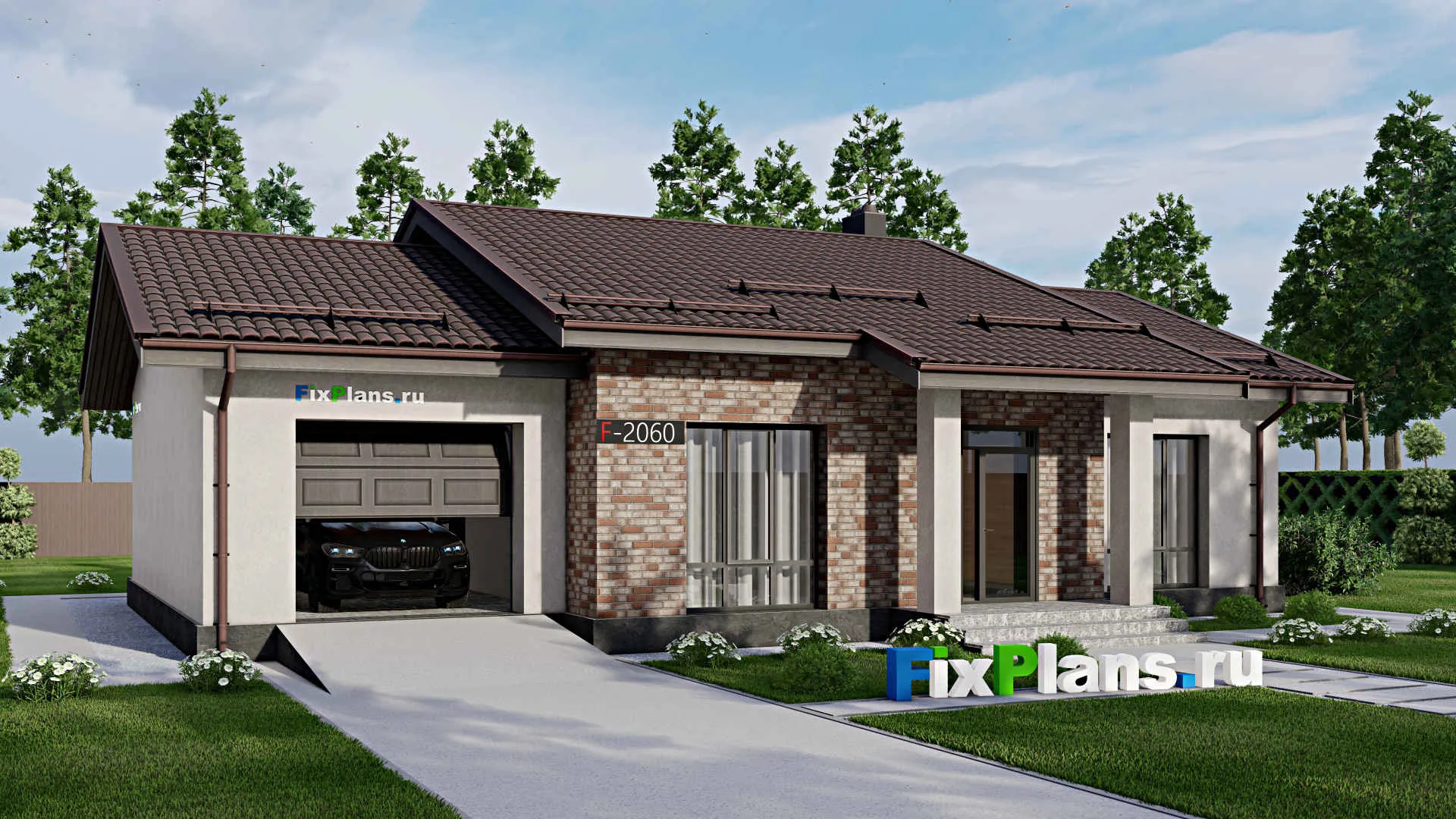 F-2060 - Проект одноэтажного дома 12 на 17, площадью 160 м² с террасой, гаражом на 1 машину и 3 спальнями